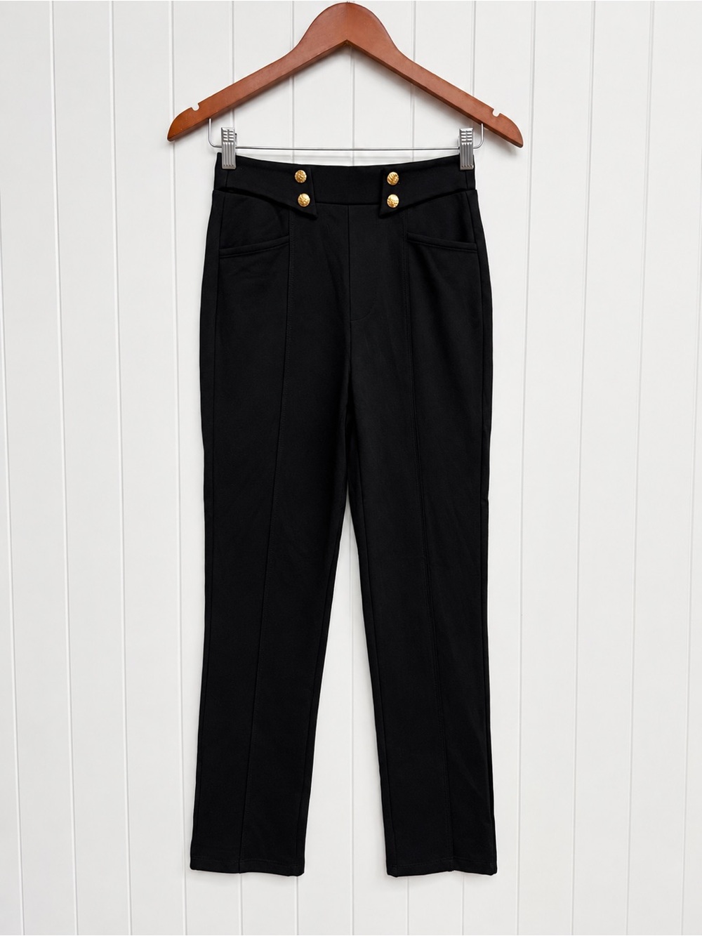 Halara Black Straight Leg Pants Gold Button Detail XS NWOT